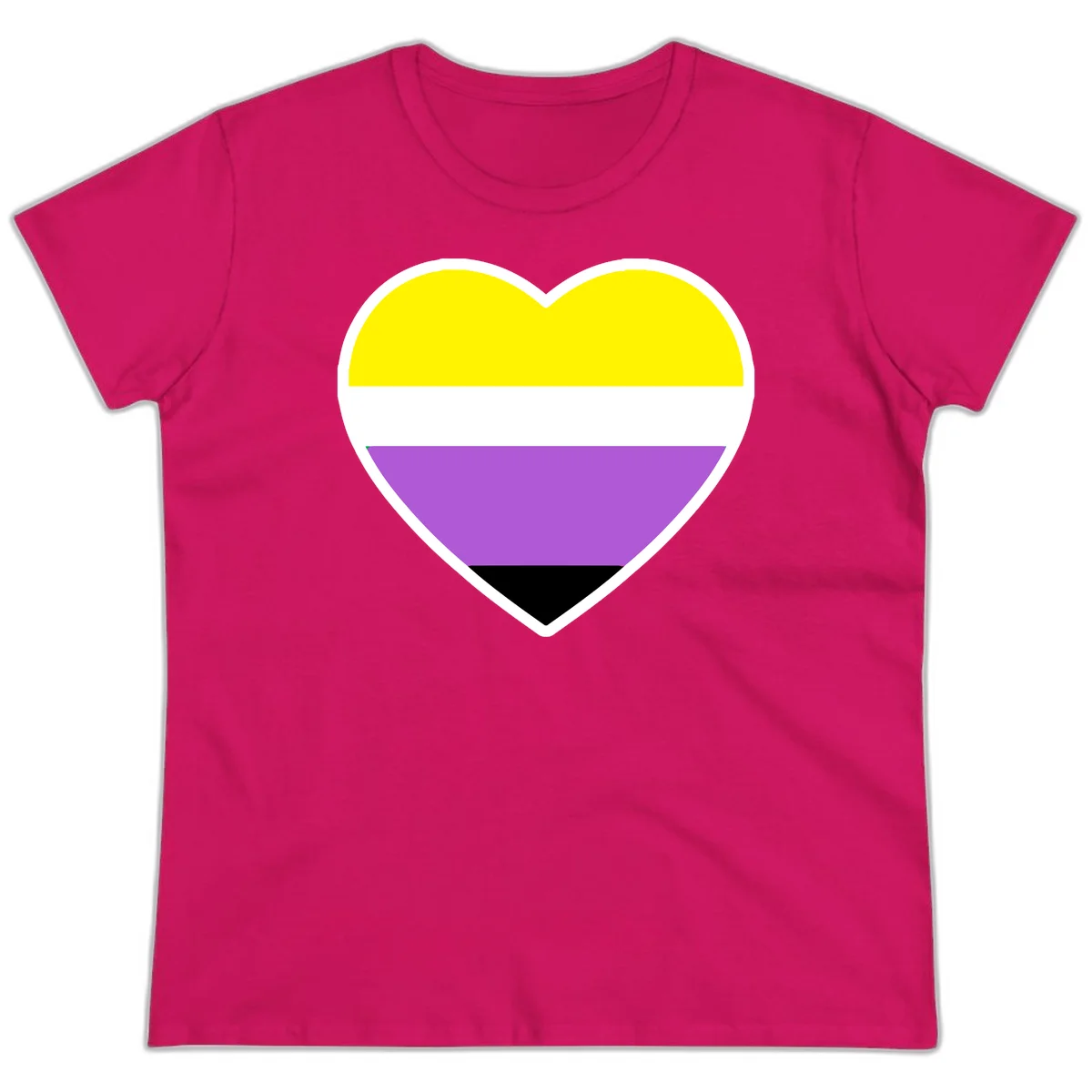 Nonbinary pride heart with yellow, white, purple, and black horizontal stripes representing nonbinary identity and LGBTQ pride. in Heliconia