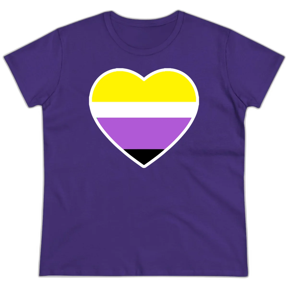 Nonbinary pride heart with yellow, white, purple, and black horizontal stripes representing nonbinary identity and LGBTQ pride. in Purple
