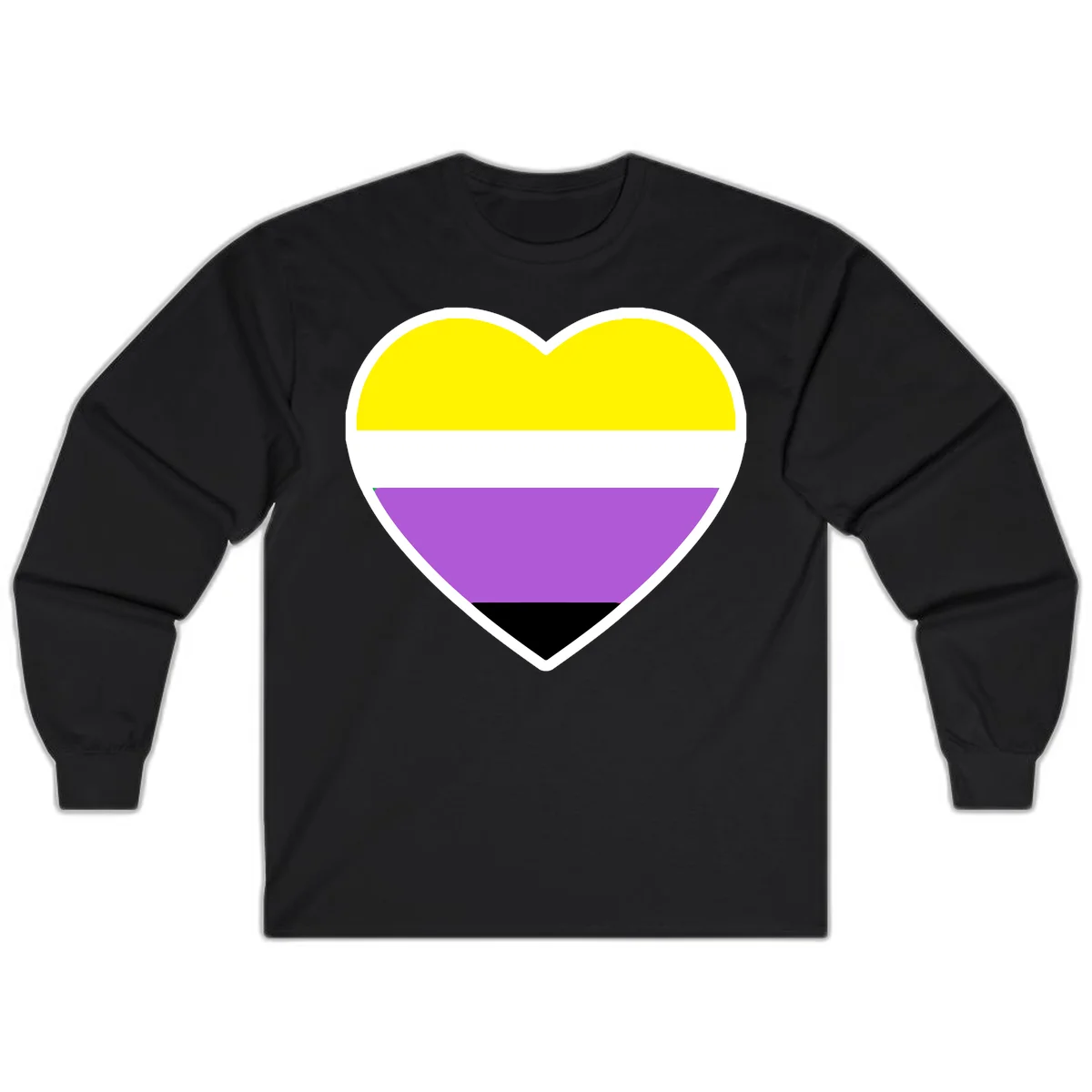 Nonbinary pride heart with yellow, white, purple, and black horizontal stripes representing nonbinary identity and LGBTQ pride. in Black