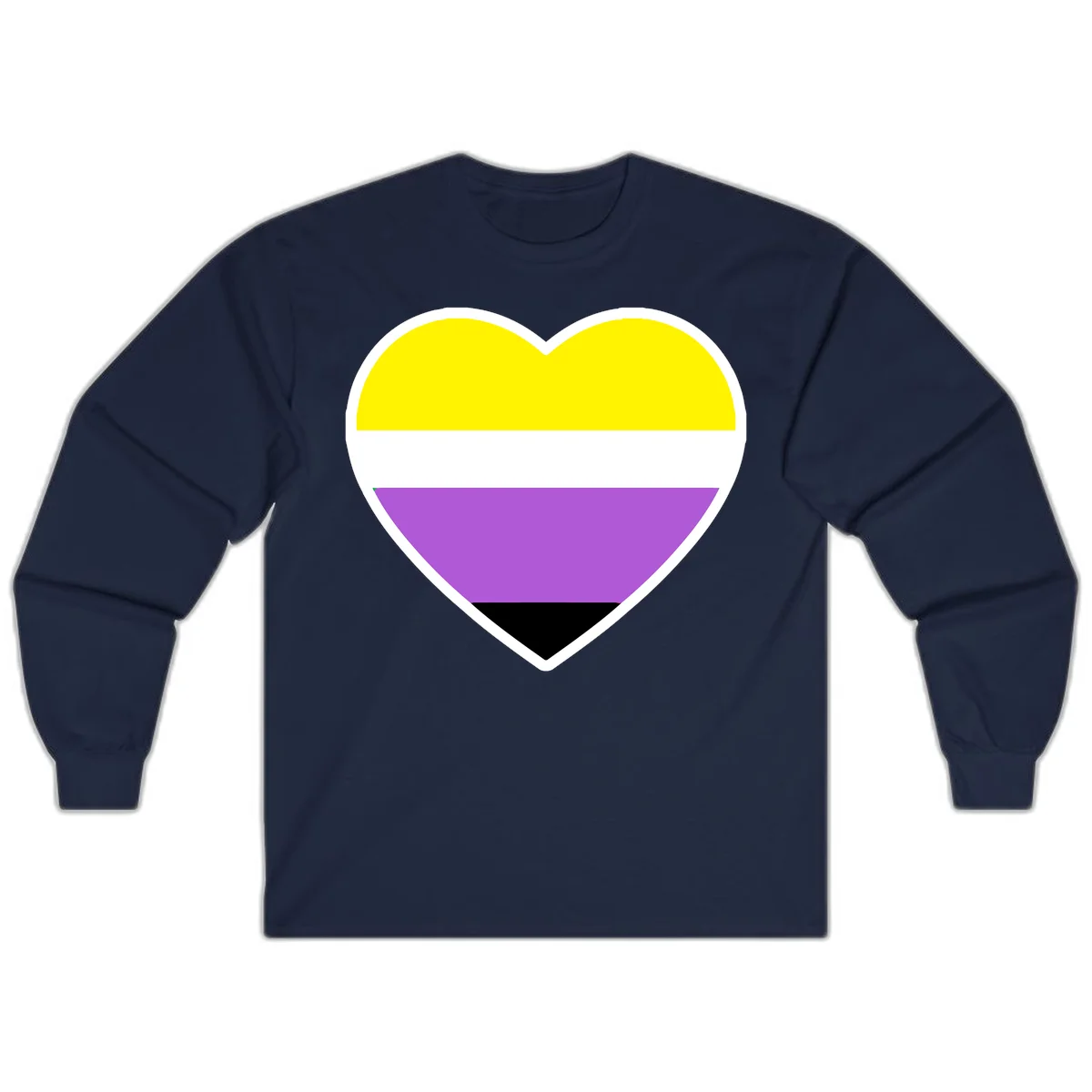 Nonbinary pride heart with yellow, white, purple, and black horizontal stripes representing nonbinary identity and LGBTQ pride. in Navy