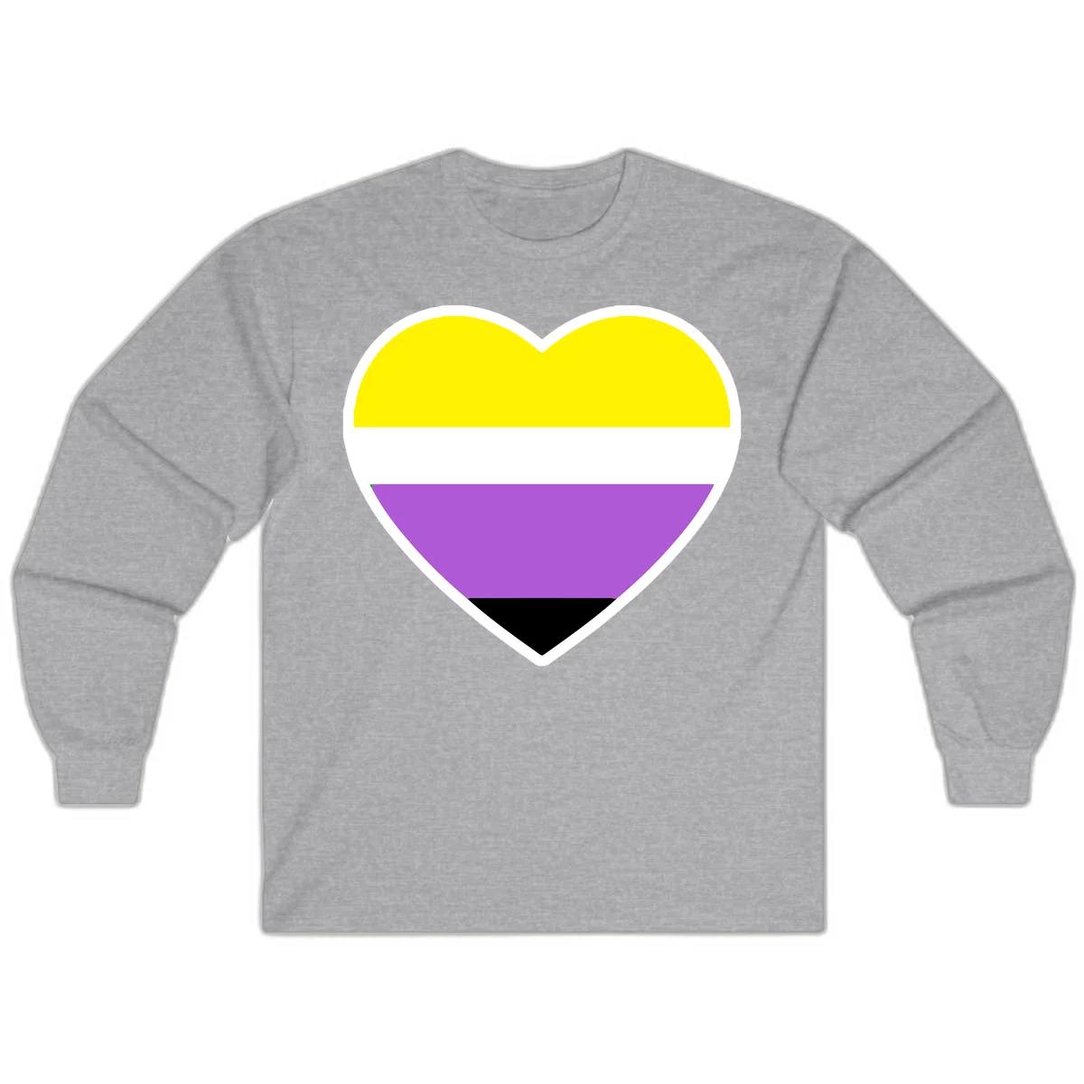 Nonbinary pride heart with yellow, white, purple, and black horizontal stripes representing nonbinary identity and LGBTQ pride. in Sport Grey