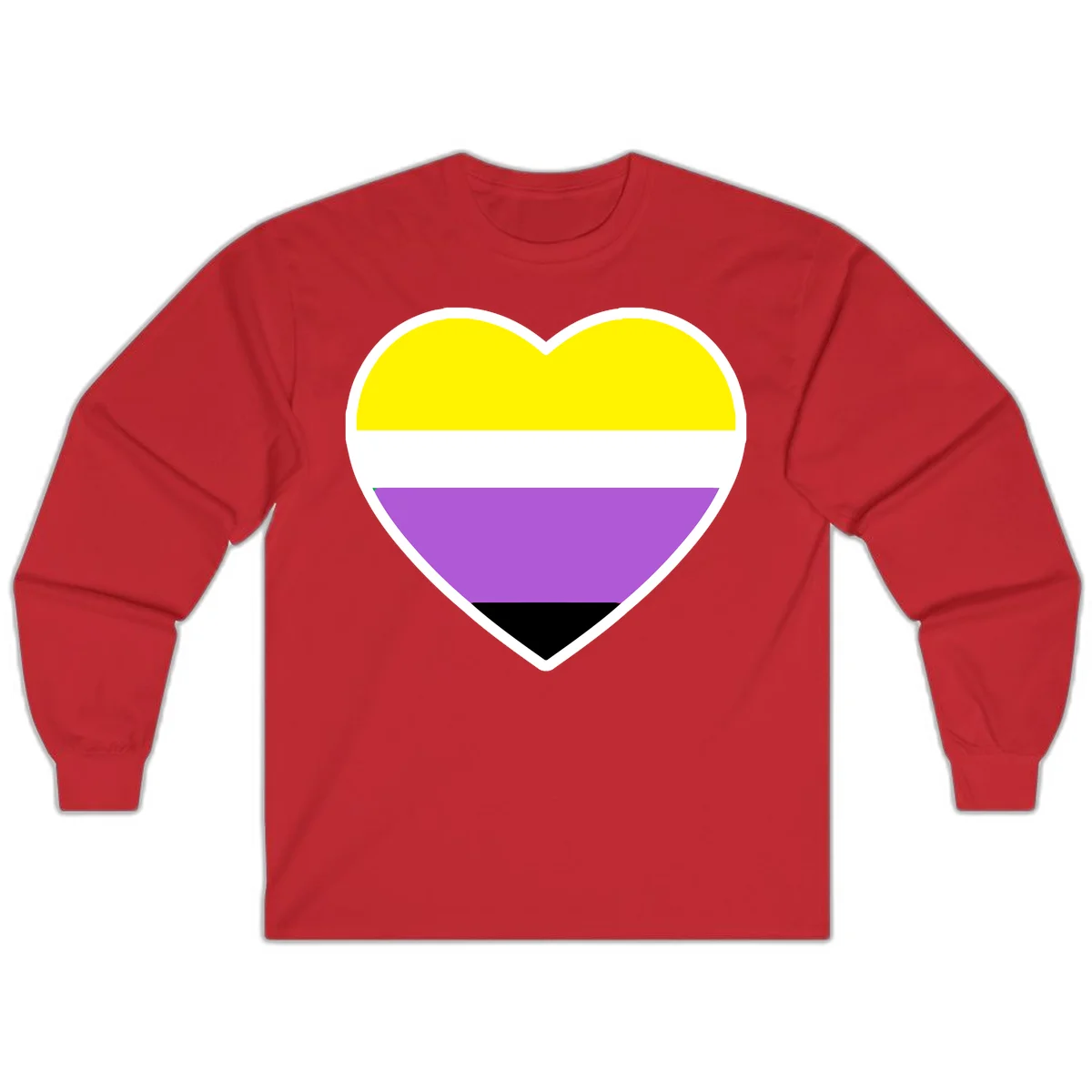 Nonbinary pride heart with yellow, white, purple, and black horizontal stripes representing nonbinary identity and LGBTQ pride. in Red