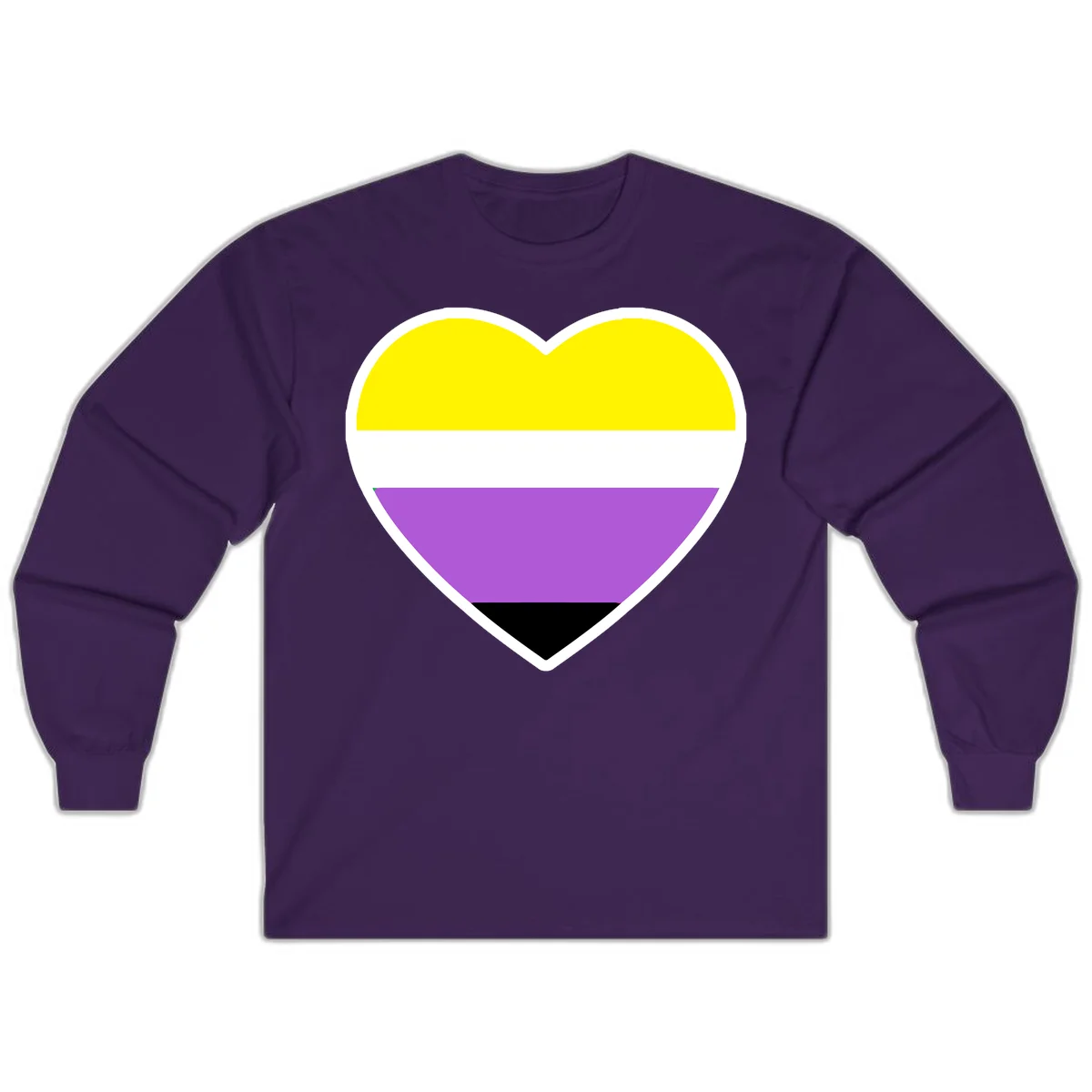 Nonbinary pride heart with yellow, white, purple, and black horizontal stripes representing nonbinary identity and LGBTQ pride. in Purple