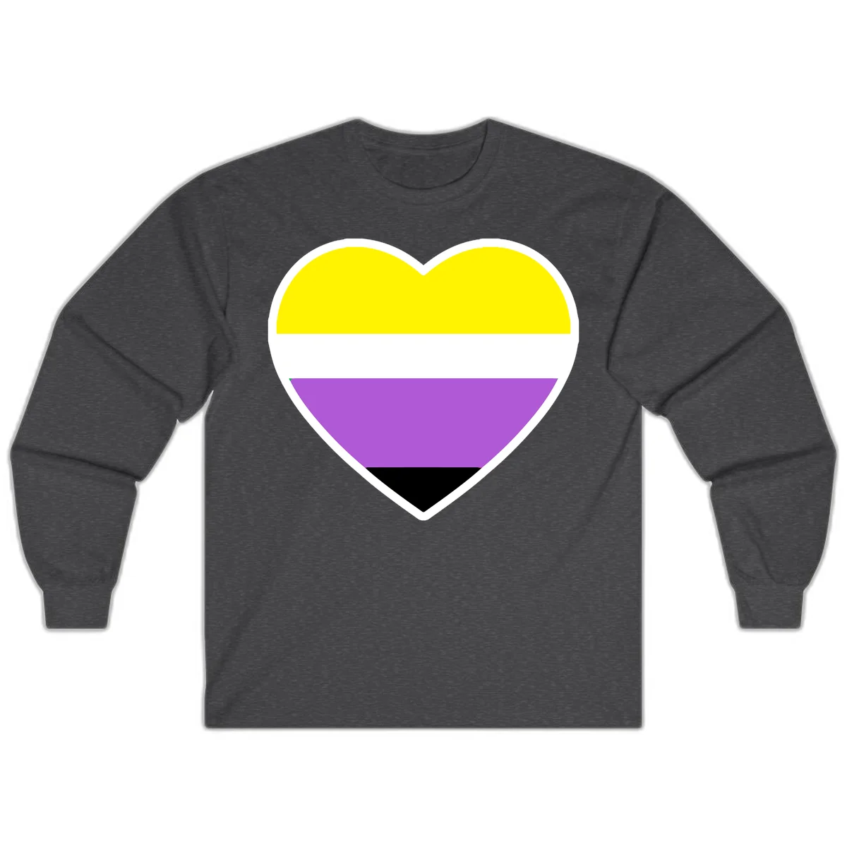 Nonbinary pride heart with yellow, white, purple, and black horizontal stripes representing nonbinary identity and LGBTQ pride. in Dark Heather