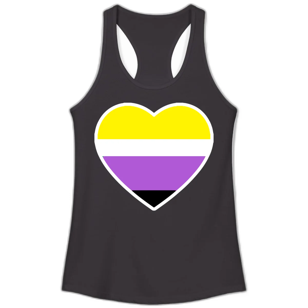 Nonbinary pride heart with yellow, white, purple, and black horizontal stripes representing nonbinary identity and LGBTQ pride. in Black