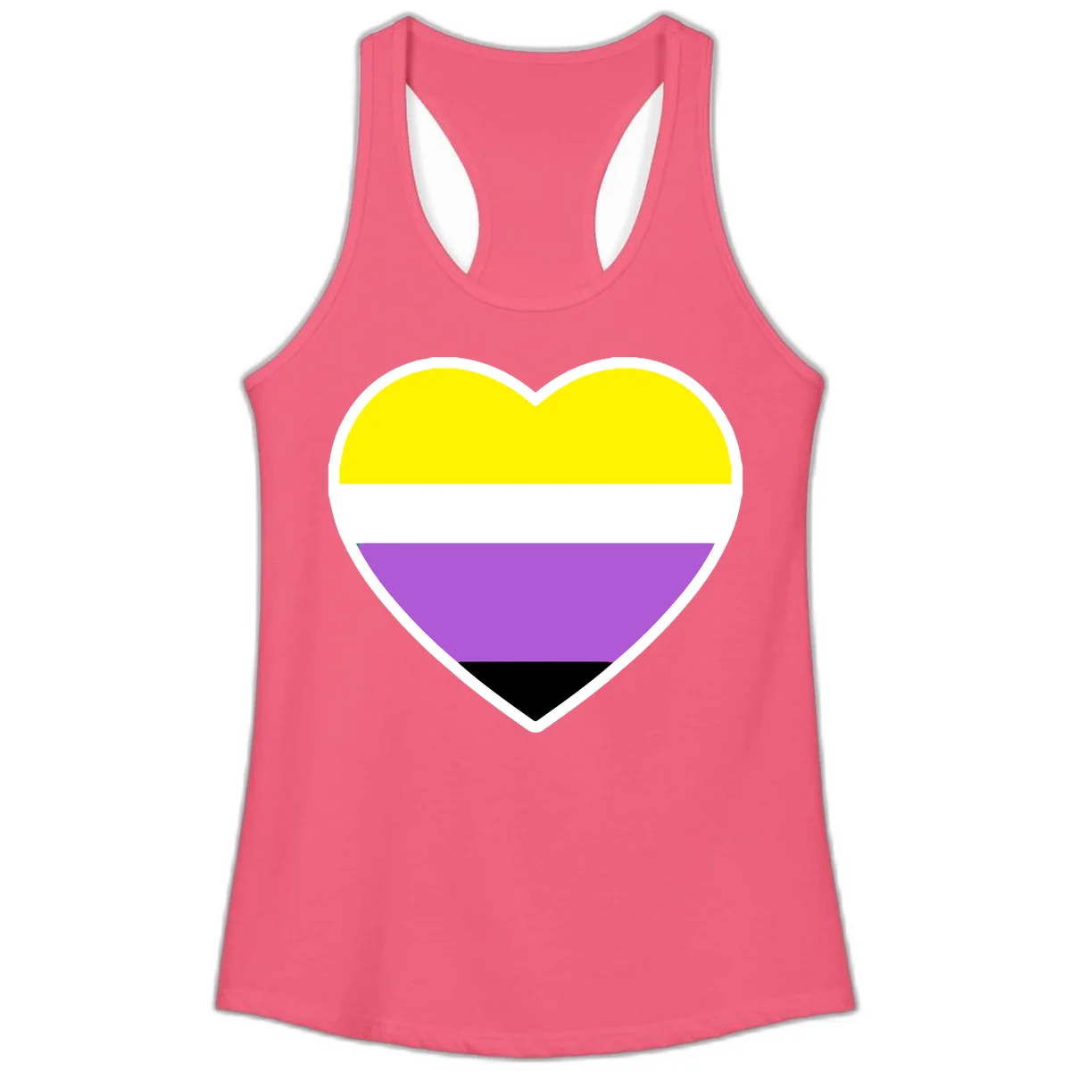 Nonbinary pride heart with yellow, white, purple, and black horizontal stripes representing nonbinary identity and LGBTQ pride. in Hot Pink