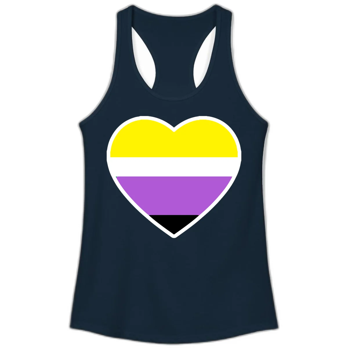 Nonbinary pride heart with yellow, white, purple, and black horizontal stripes representing nonbinary identity and LGBTQ pride. in Solid Midnight Navy