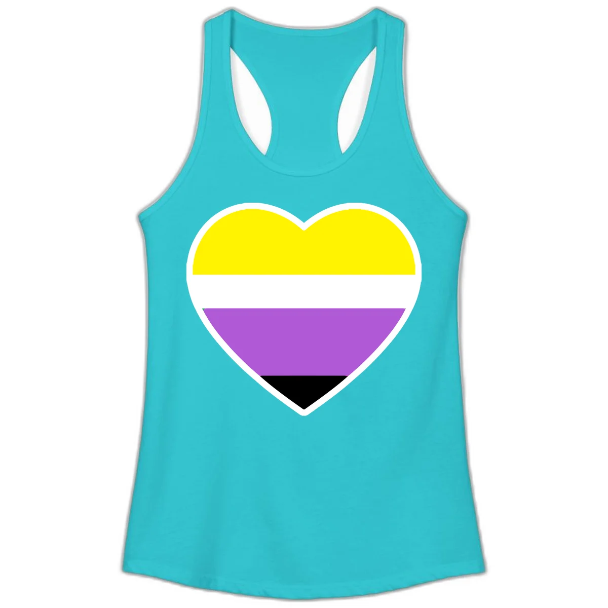 Nonbinary pride heart with yellow, white, purple, and black horizontal stripes representing nonbinary identity and LGBTQ pride. in Solid Tahiti Blue