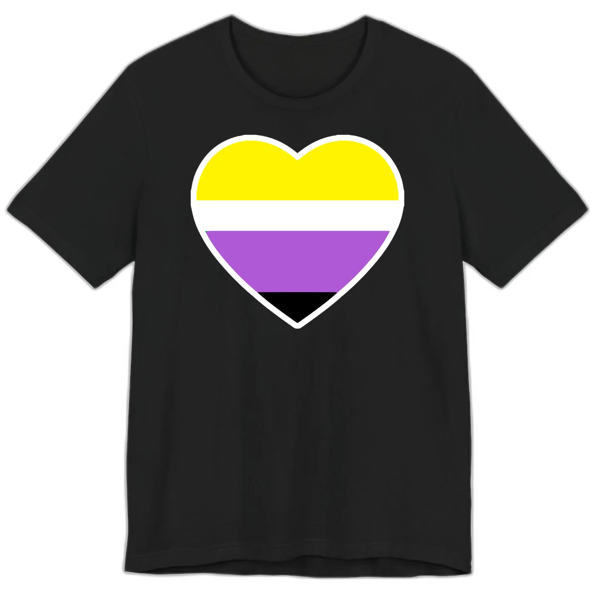 Nonbinary pride heart with yellow, white, purple, and black horizontal stripes representing nonbinary identity and LGBTQ pride. in Black
