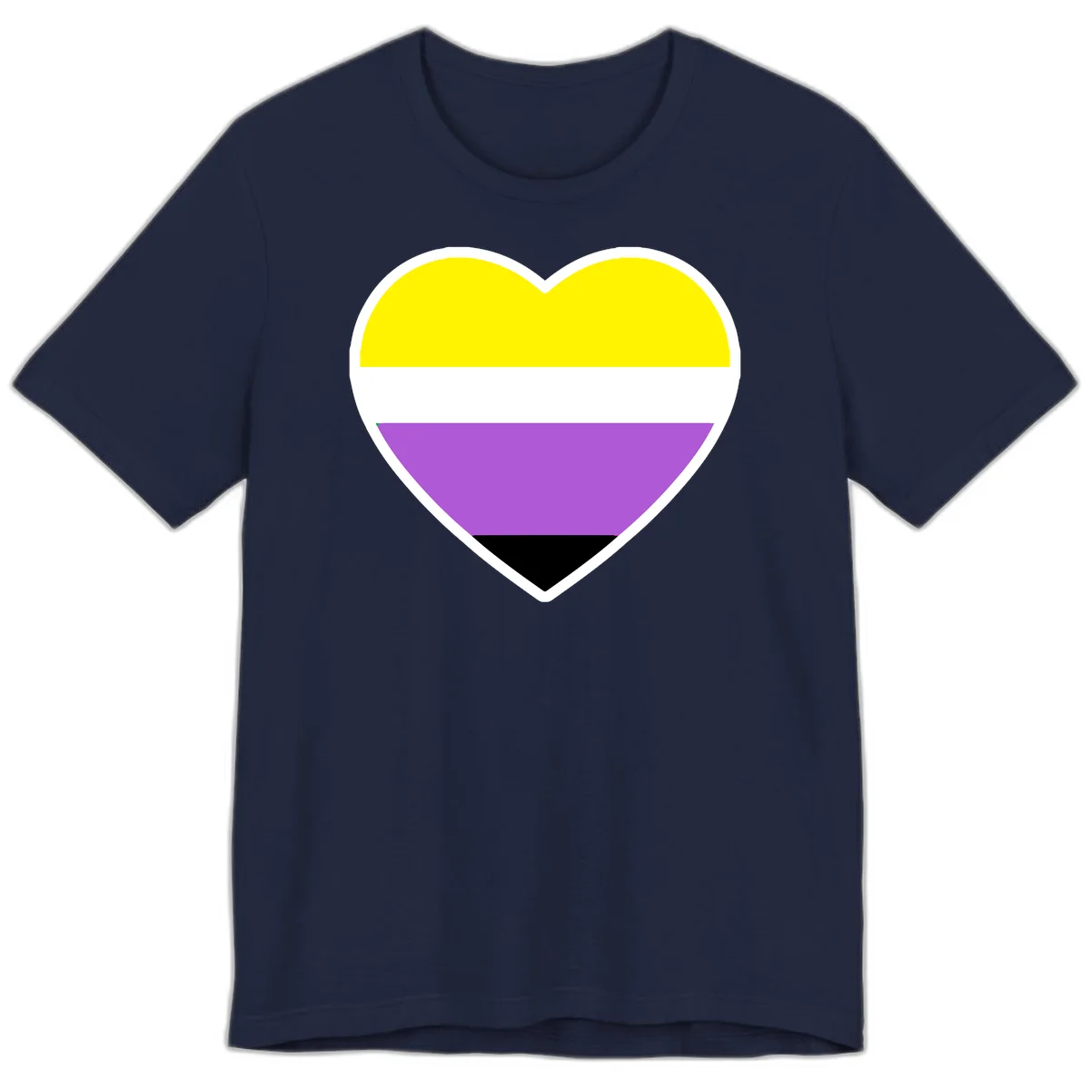Nonbinary pride heart with yellow, white, purple, and black horizontal stripes representing nonbinary identity and LGBTQ pride. in Navy