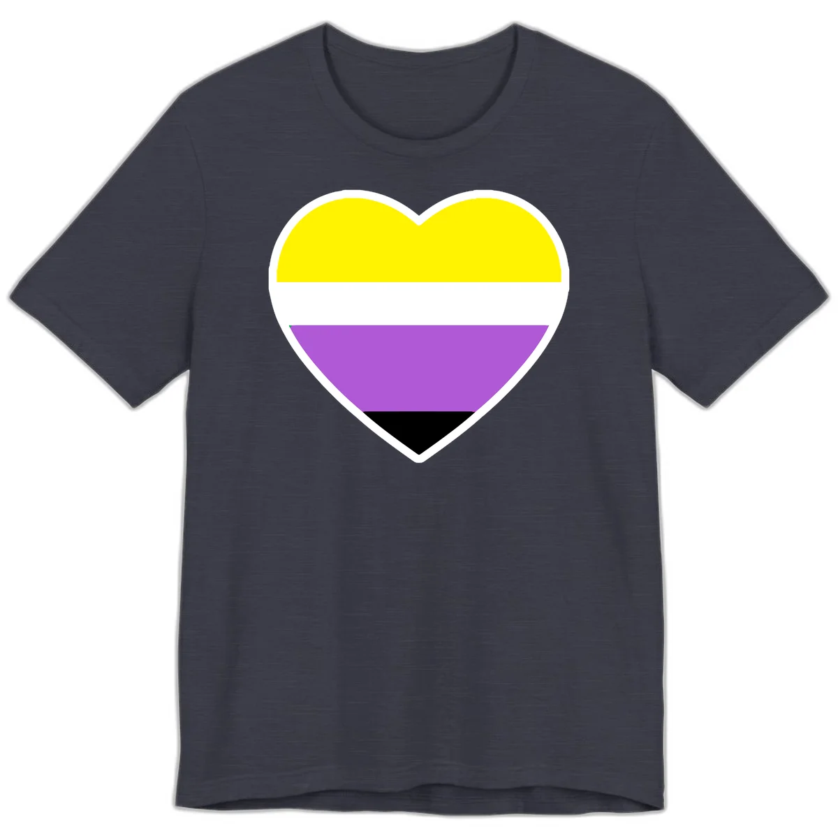 Nonbinary pride heart with yellow, white, purple, and black horizontal stripes representing nonbinary identity and LGBTQ pride. in Heather Midnight Navy