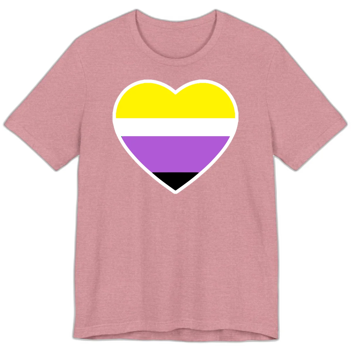 Nonbinary pride heart with yellow, white, purple, and black horizontal stripes representing nonbinary identity and LGBTQ pride. in Heather Orchid