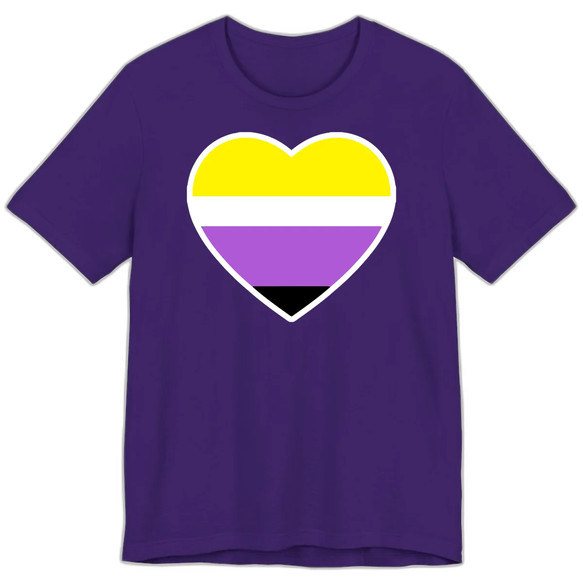 Nonbinary pride heart with yellow, white, purple, and black horizontal stripes representing nonbinary identity and LGBTQ pride. in Team Purple