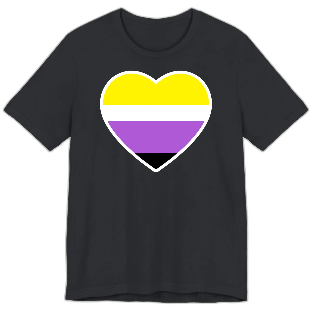 Nonbinary pride heart with yellow, white, purple, and black horizontal stripes representing nonbinary identity and LGBTQ pride. in Vintage Black