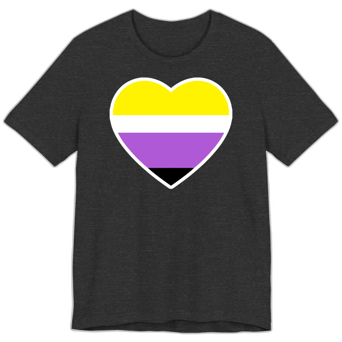 Nonbinary pride heart with yellow, white, purple, and black horizontal stripes representing nonbinary identity and LGBTQ pride. in Dark Grey Heather