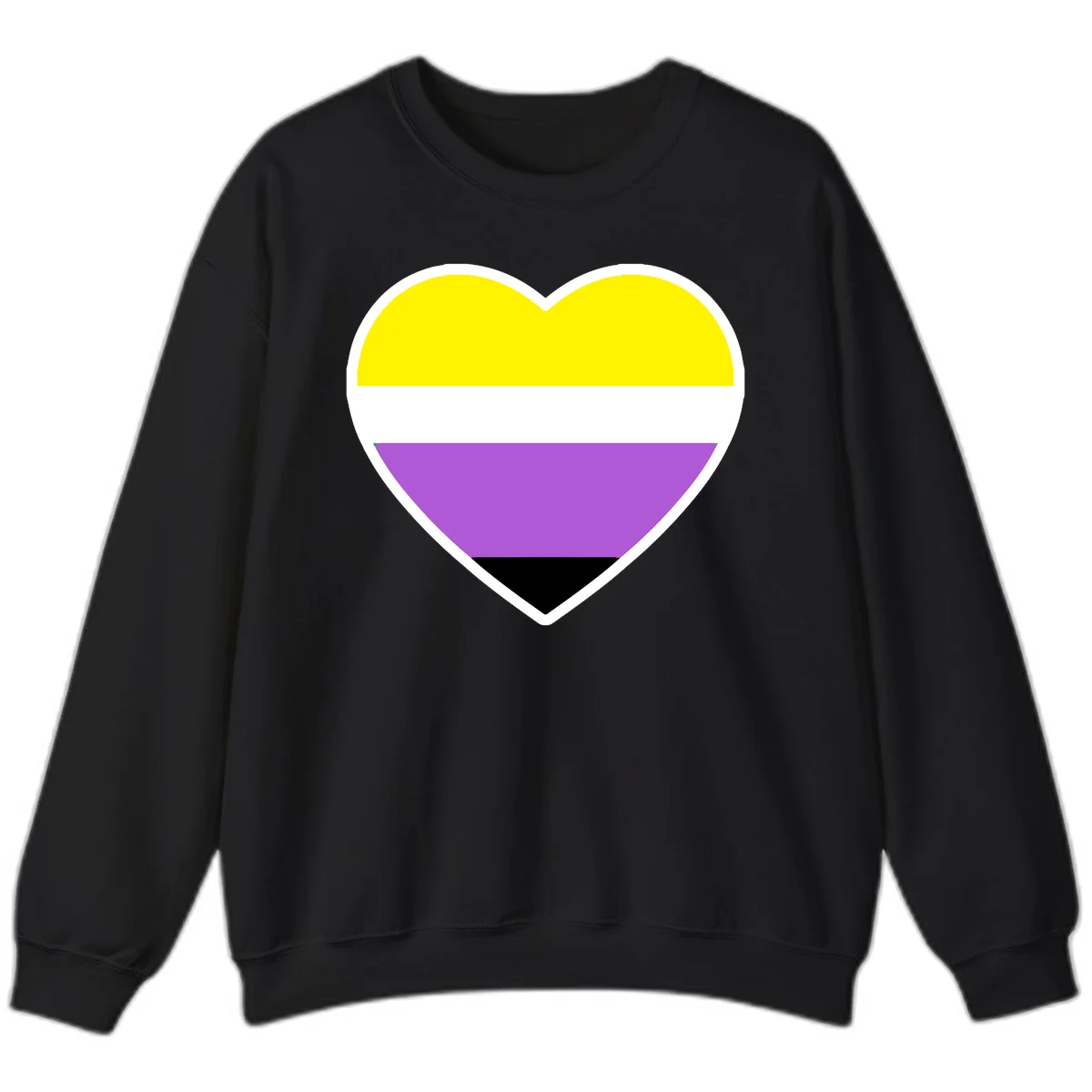 Nonbinary pride heart with yellow, white, purple, and black horizontal stripes representing nonbinary identity and LGBTQ pride. in Black