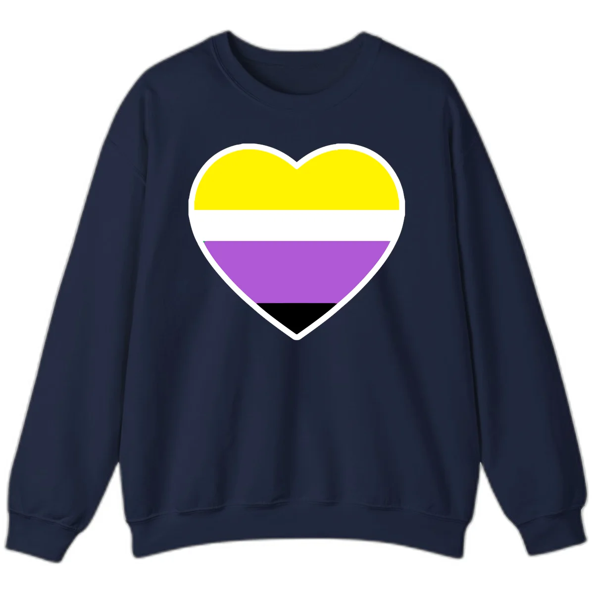 Nonbinary pride heart with yellow, white, purple, and black horizontal stripes representing nonbinary identity and LGBTQ pride. in Navy