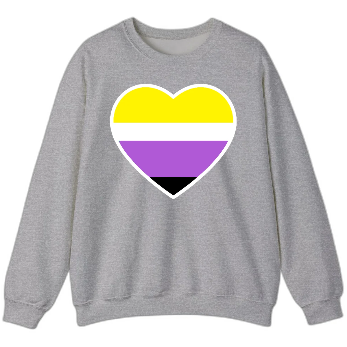 Nonbinary pride heart with yellow, white, purple, and black horizontal stripes representing nonbinary identity and LGBTQ pride. in Sport Grey