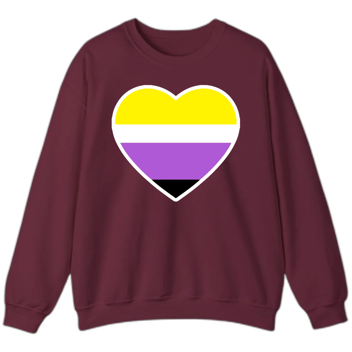 Nonbinary pride heart with yellow, white, purple, and black horizontal stripes representing nonbinary identity and LGBTQ pride. in Maroon