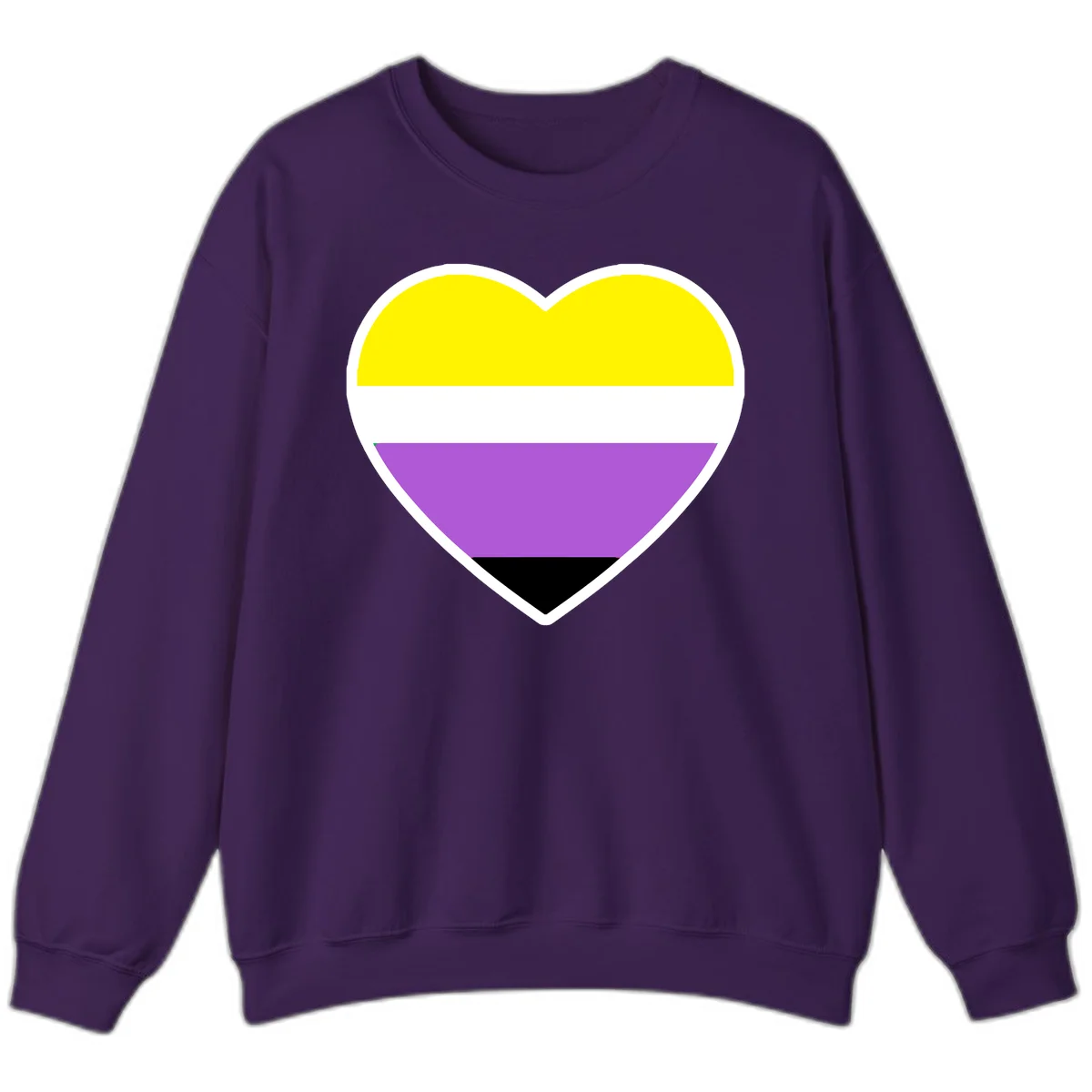 Nonbinary pride heart with yellow, white, purple, and black horizontal stripes representing nonbinary identity and LGBTQ pride. in Purple