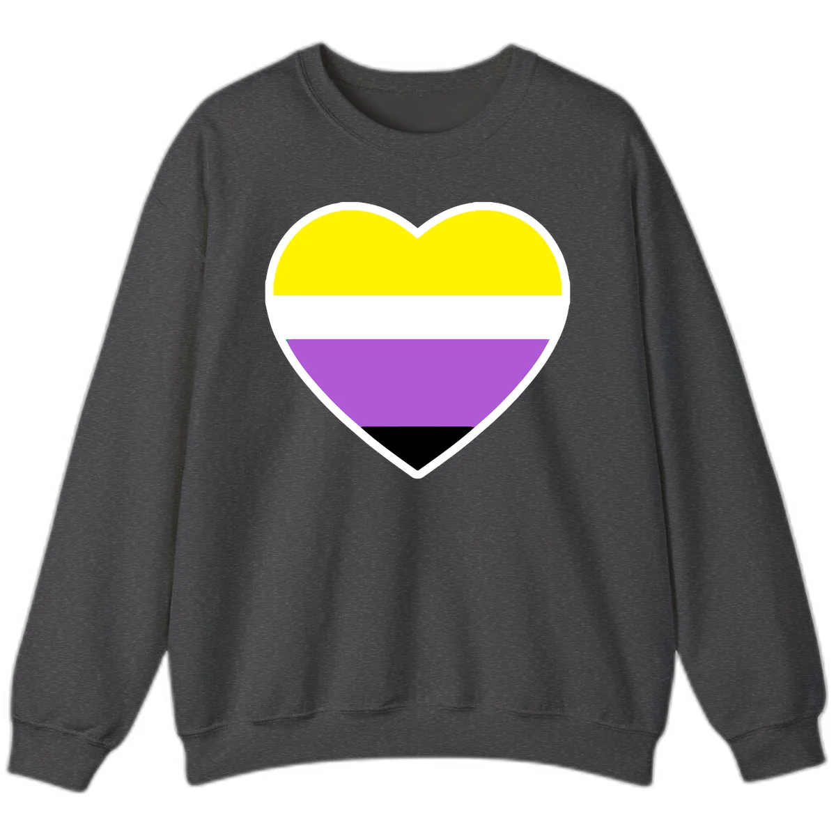Nonbinary pride heart with yellow, white, purple, and black horizontal stripes representing nonbinary identity and LGBTQ pride. in Dark Heather