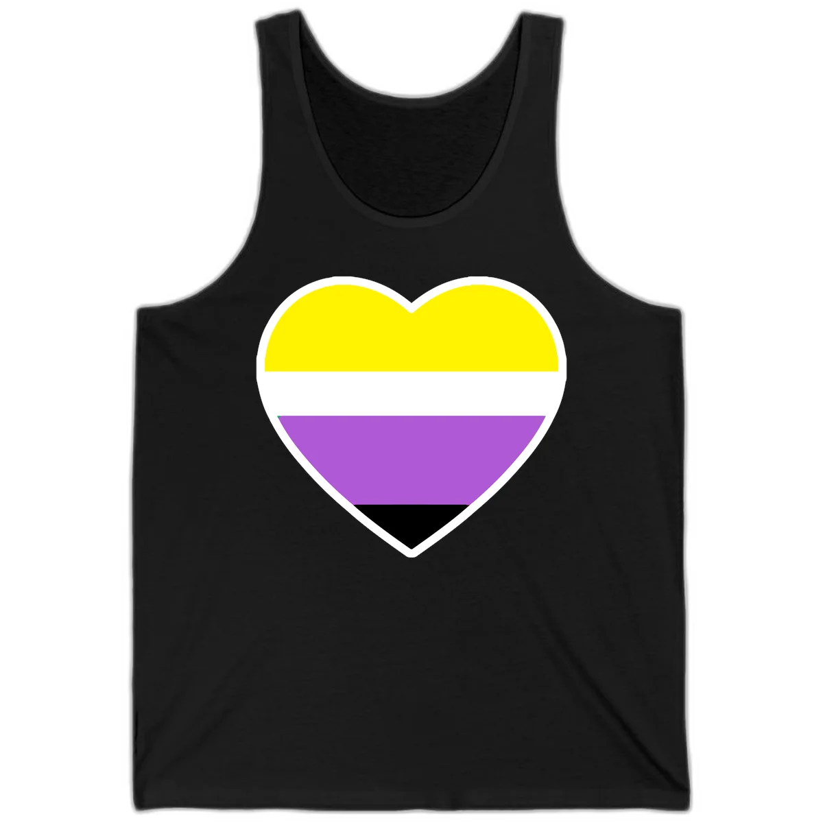 Nonbinary pride heart with yellow, white, purple, and black horizontal stripes representing nonbinary identity and LGBTQ pride. in Black