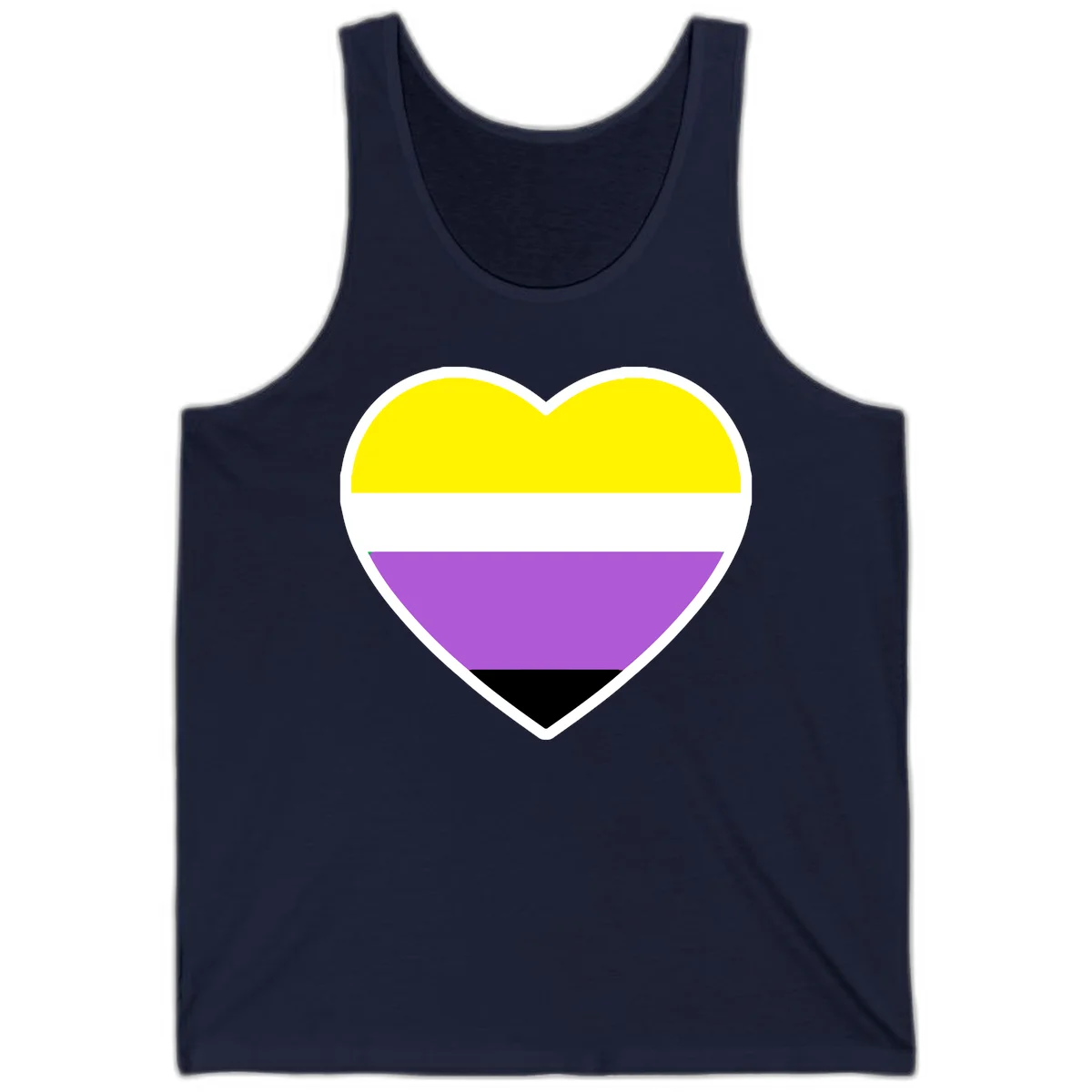 Nonbinary pride heart with yellow, white, purple, and black horizontal stripes representing nonbinary identity and LGBTQ pride. in Navy