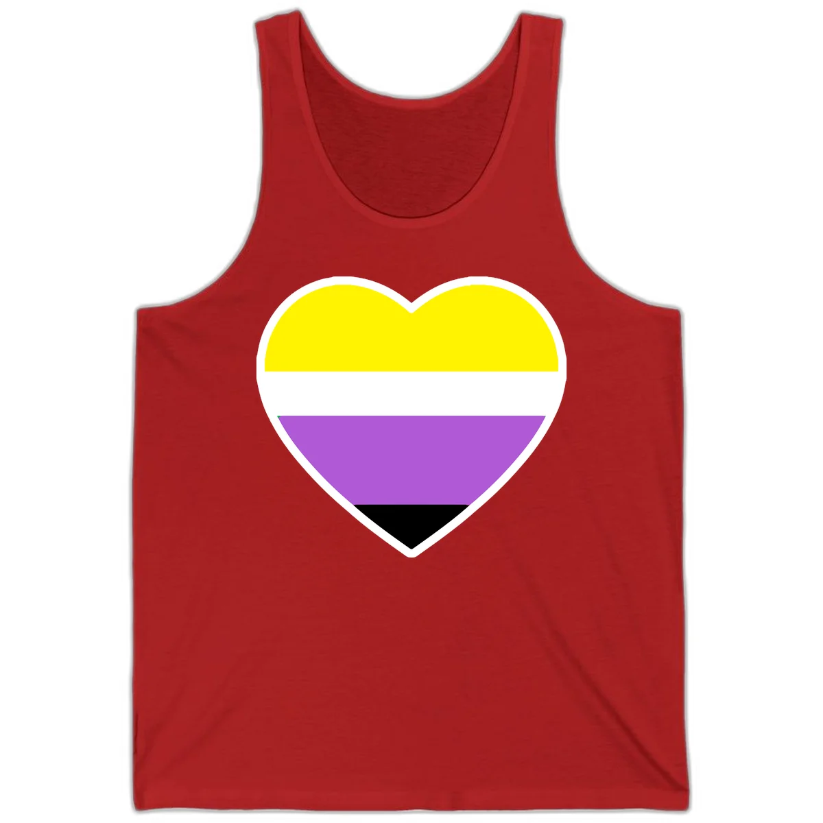 Nonbinary pride heart with yellow, white, purple, and black horizontal stripes representing nonbinary identity and LGBTQ pride. in Red