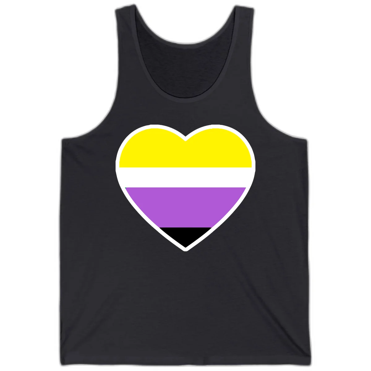 Nonbinary pride heart with yellow, white, purple, and black horizontal stripes representing nonbinary identity and LGBTQ pride. in Dark Grey