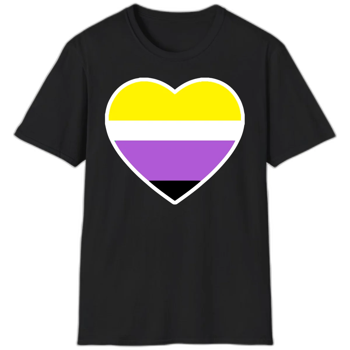 Nonbinary pride heart with yellow, white, purple, and black horizontal stripes representing nonbinary identity and LGBTQ pride. in Black