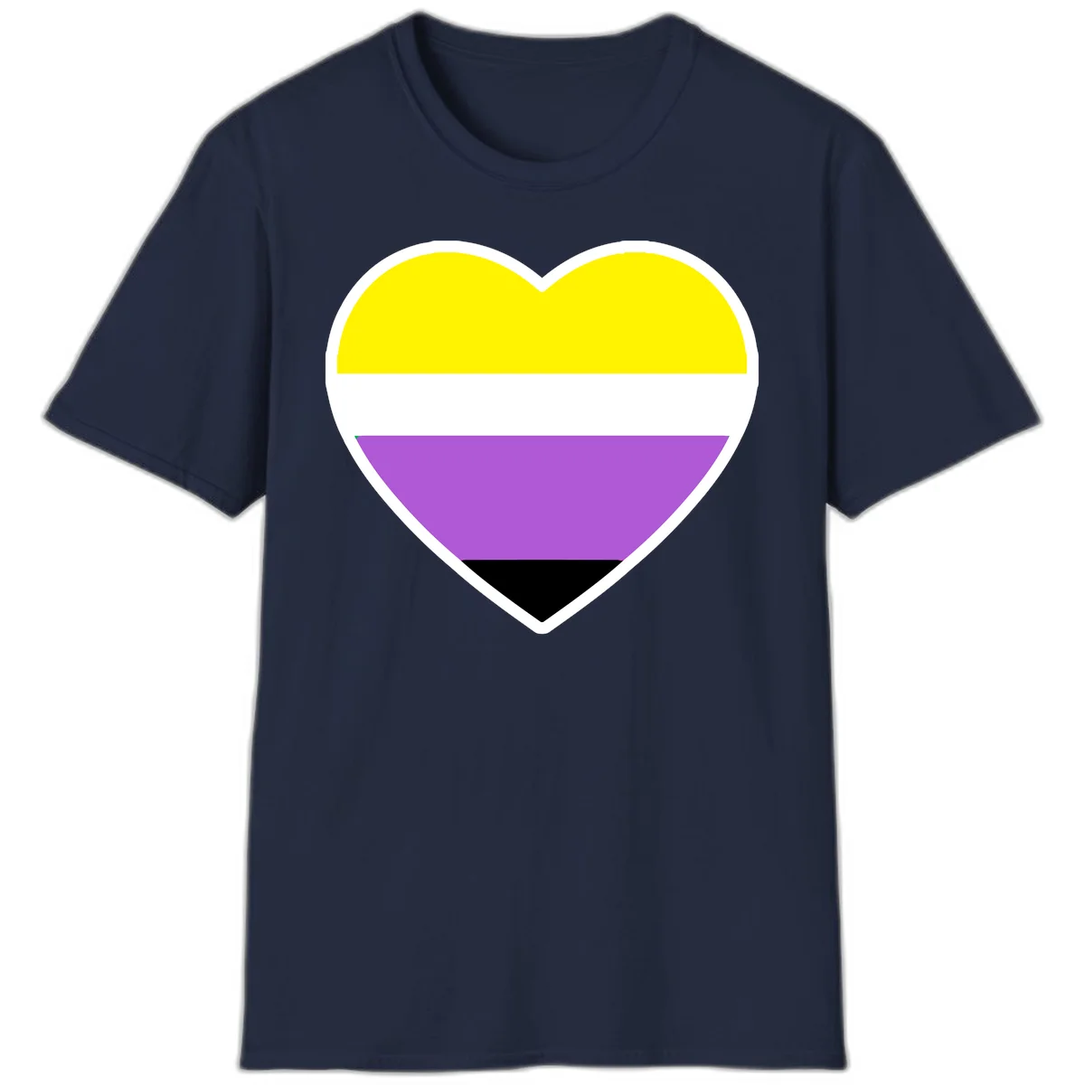 Nonbinary pride heart with yellow, white, purple, and black horizontal stripes representing nonbinary identity and LGBTQ pride. in Navy