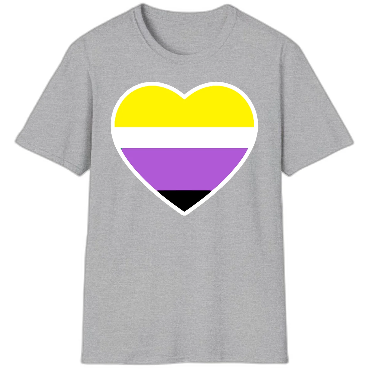 Nonbinary pride heart with yellow, white, purple, and black horizontal stripes representing nonbinary identity and LGBTQ pride. in Sport Grey
