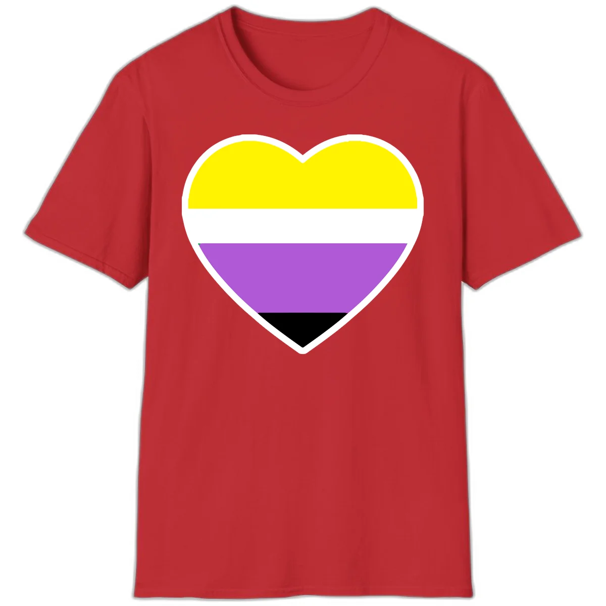 Nonbinary pride heart with yellow, white, purple, and black horizontal stripes representing nonbinary identity and LGBTQ pride. in Red