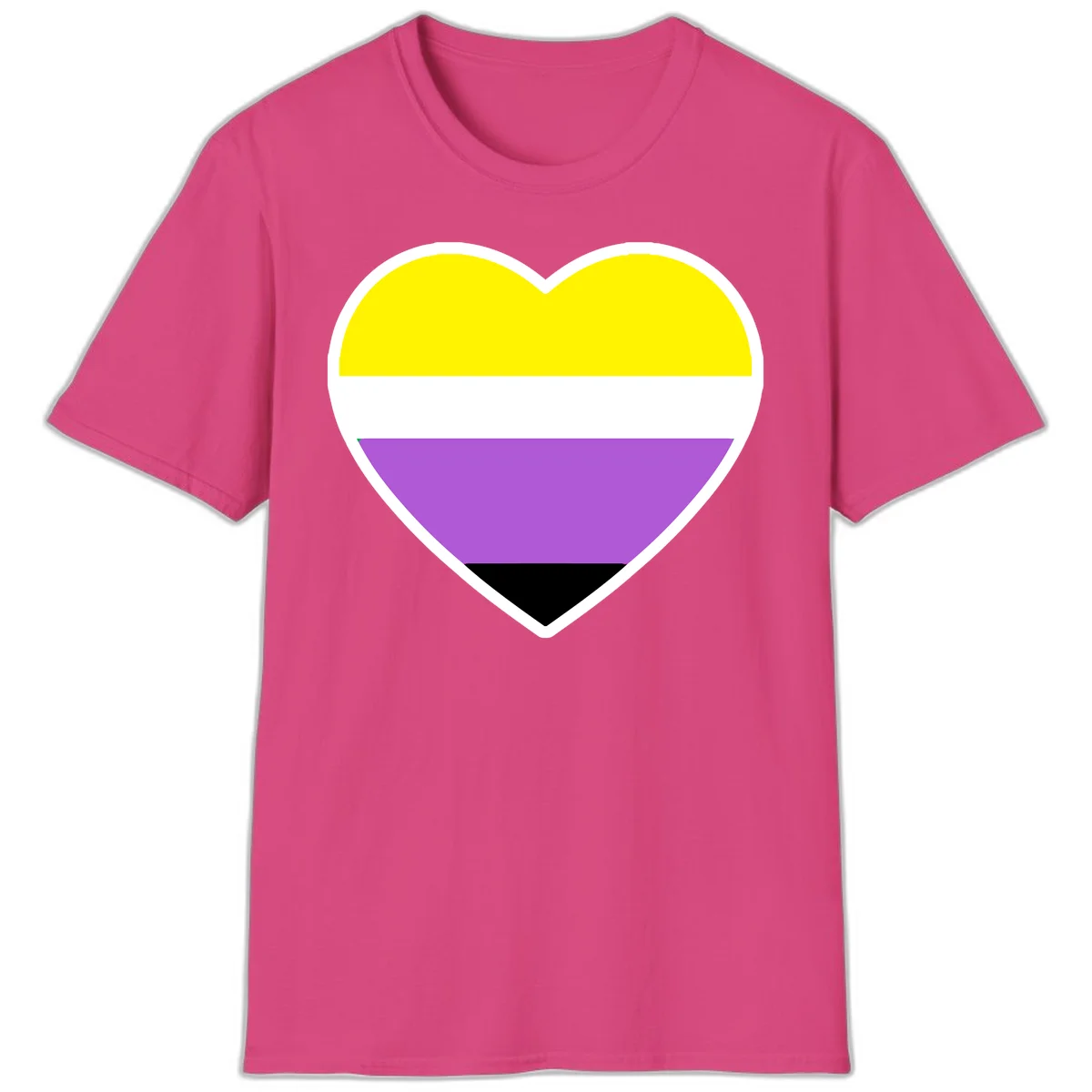 Nonbinary pride heart with yellow, white, purple, and black horizontal stripes representing nonbinary identity and LGBTQ pride. in Heliconia