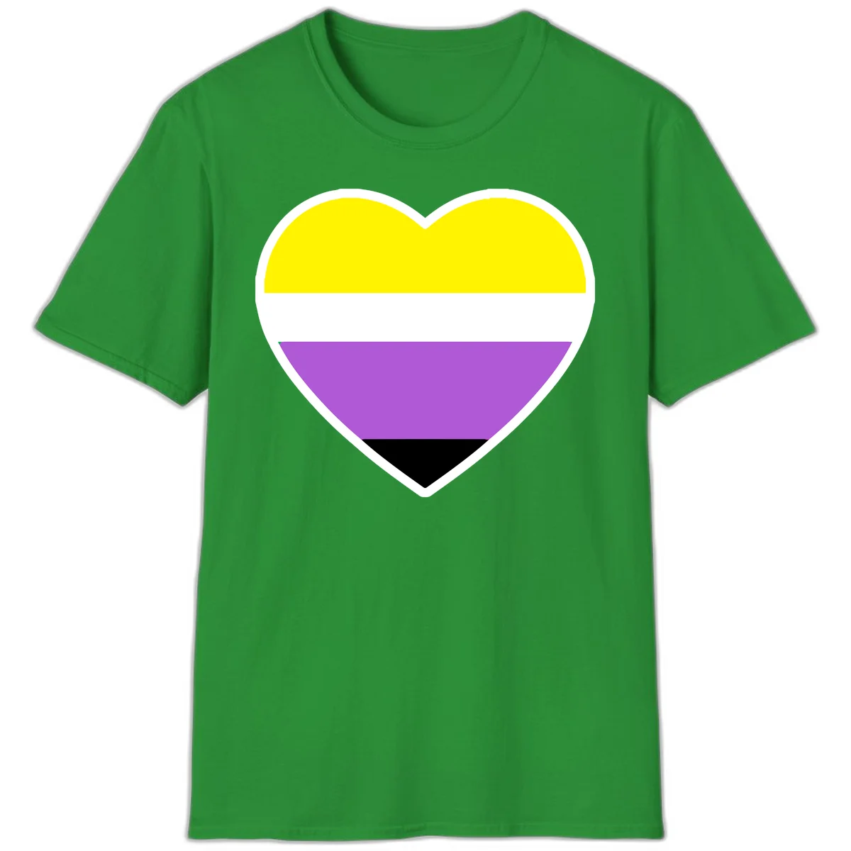Nonbinary pride heart with yellow, white, purple, and black horizontal stripes representing nonbinary identity and LGBTQ pride. in Irish Green