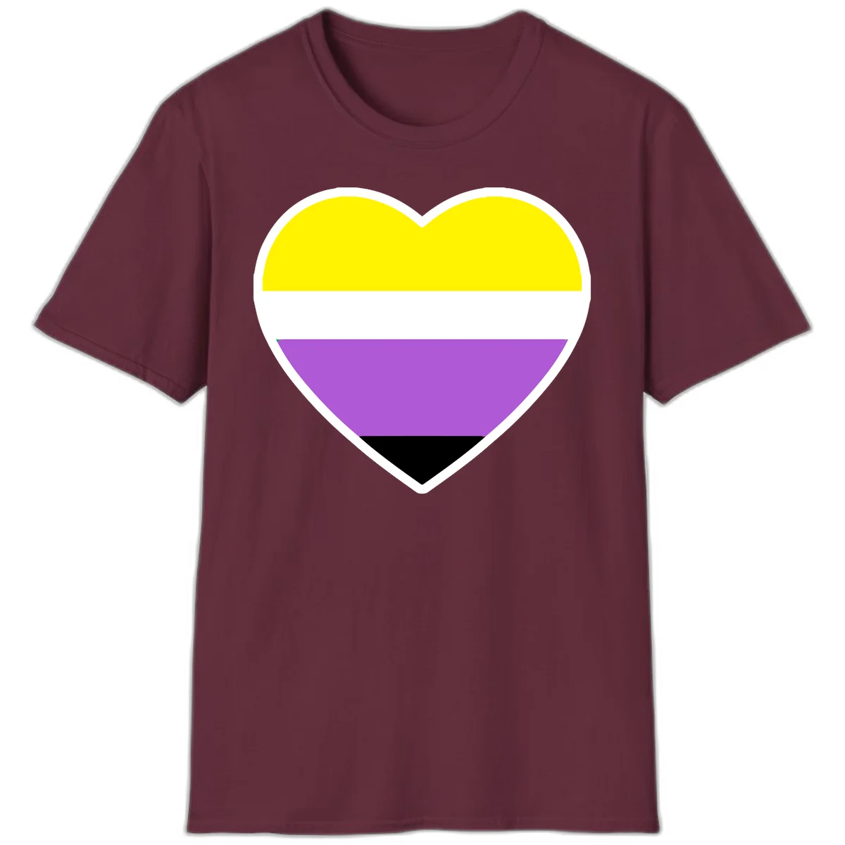 Nonbinary pride heart with yellow, white, purple, and black horizontal stripes representing nonbinary identity and LGBTQ pride. in Maroon