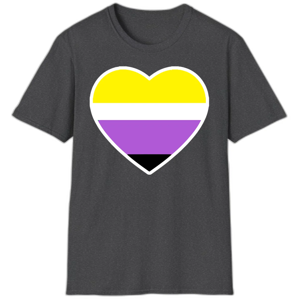 Nonbinary pride heart with yellow, white, purple, and black horizontal stripes representing nonbinary identity and LGBTQ pride. in Dark Heather