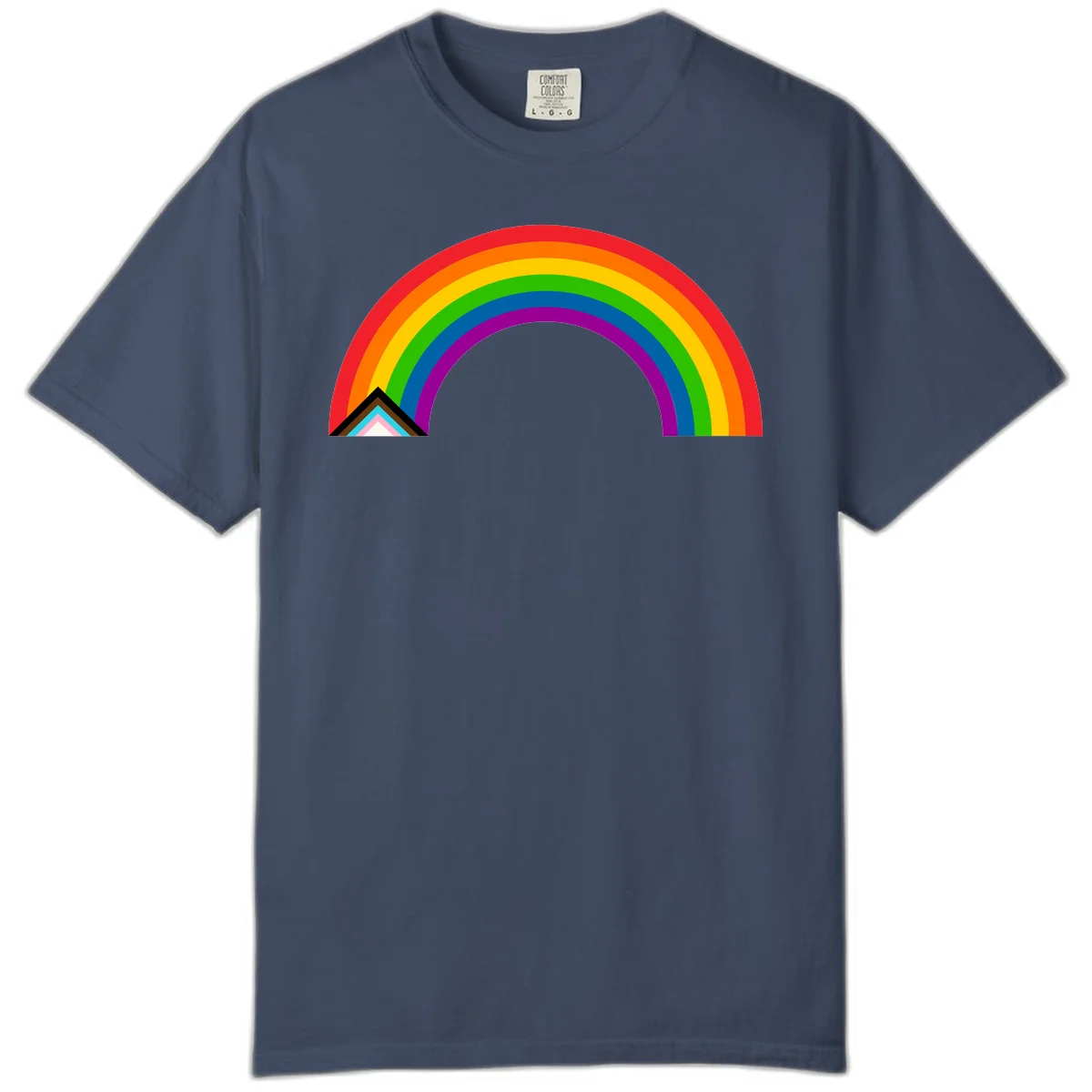 Vibrant rainbow pride arc with concentric color bands and geometric base shapes on gray background in Midnight