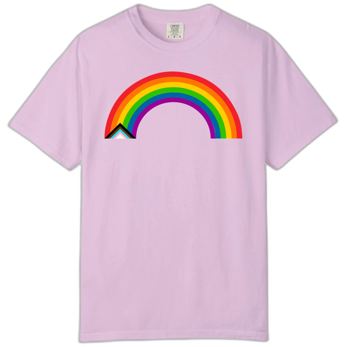 Vibrant rainbow pride arc with concentric color bands and geometric base shapes on gray background in Orchid