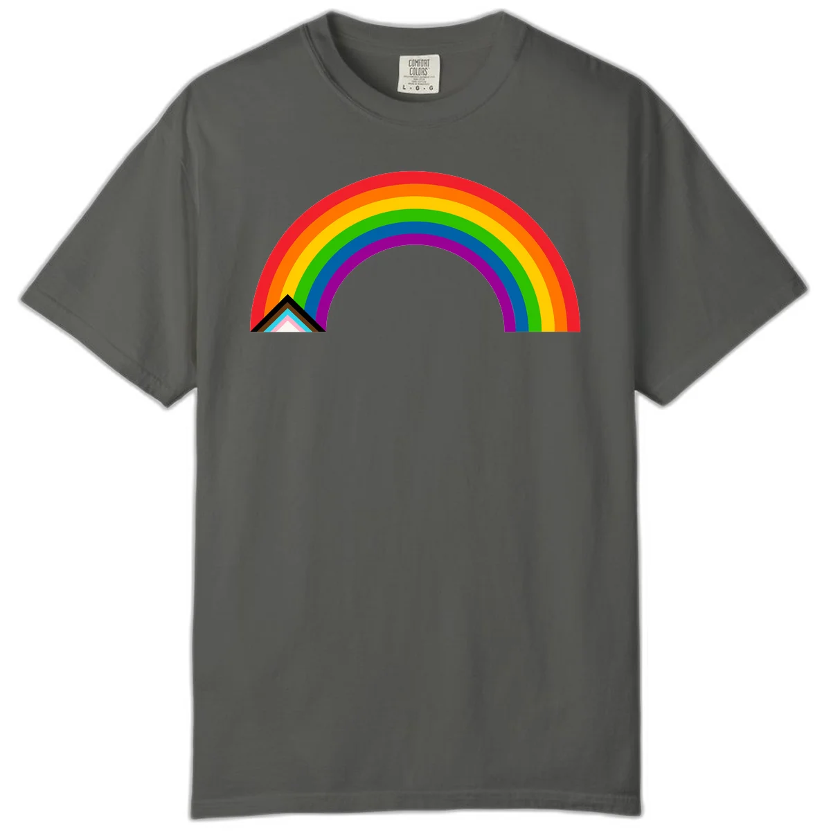 Vibrant rainbow pride arc with concentric color bands and geometric base shapes on gray background in Pepper