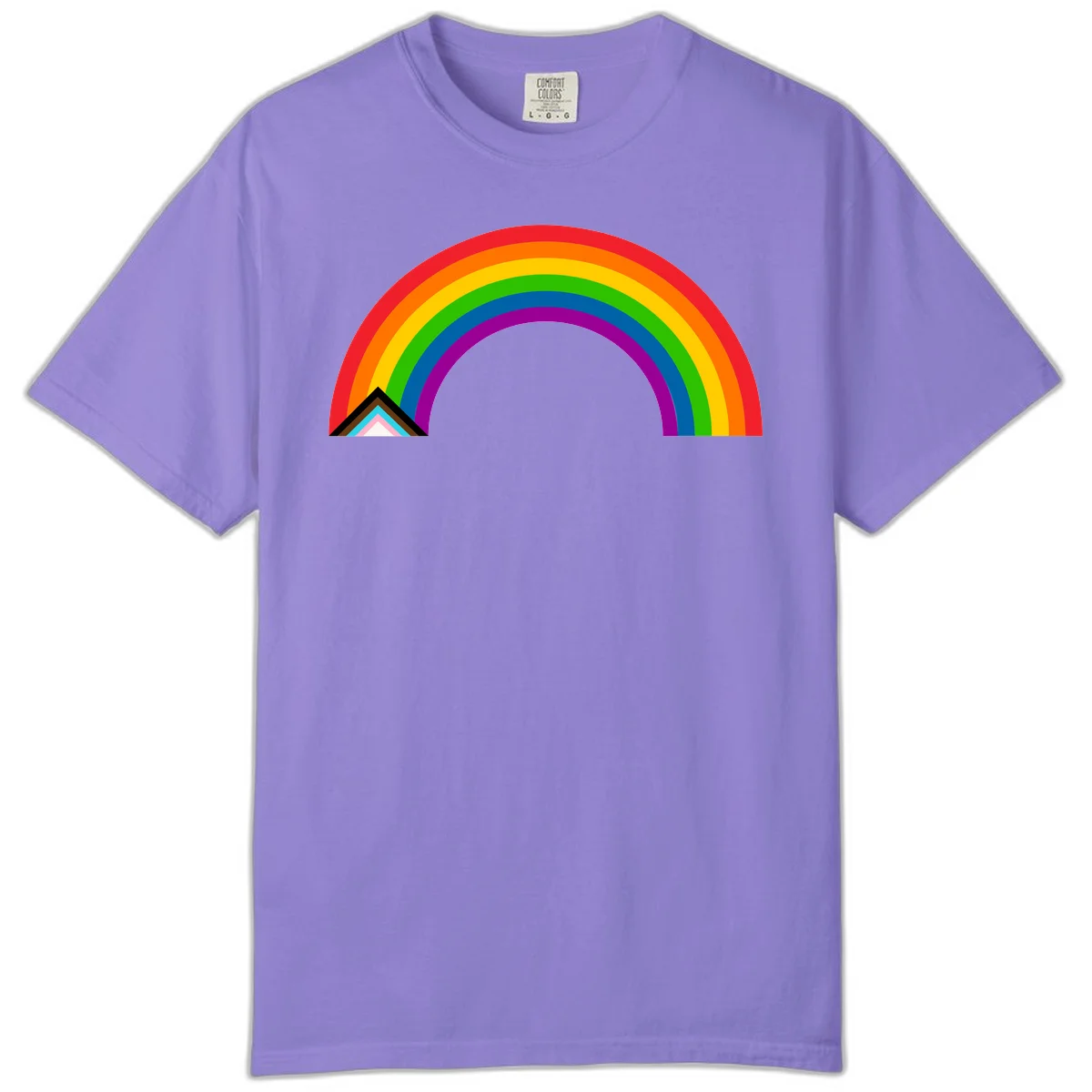 Vibrant rainbow pride arc with concentric color bands and geometric base shapes on gray background in Violet