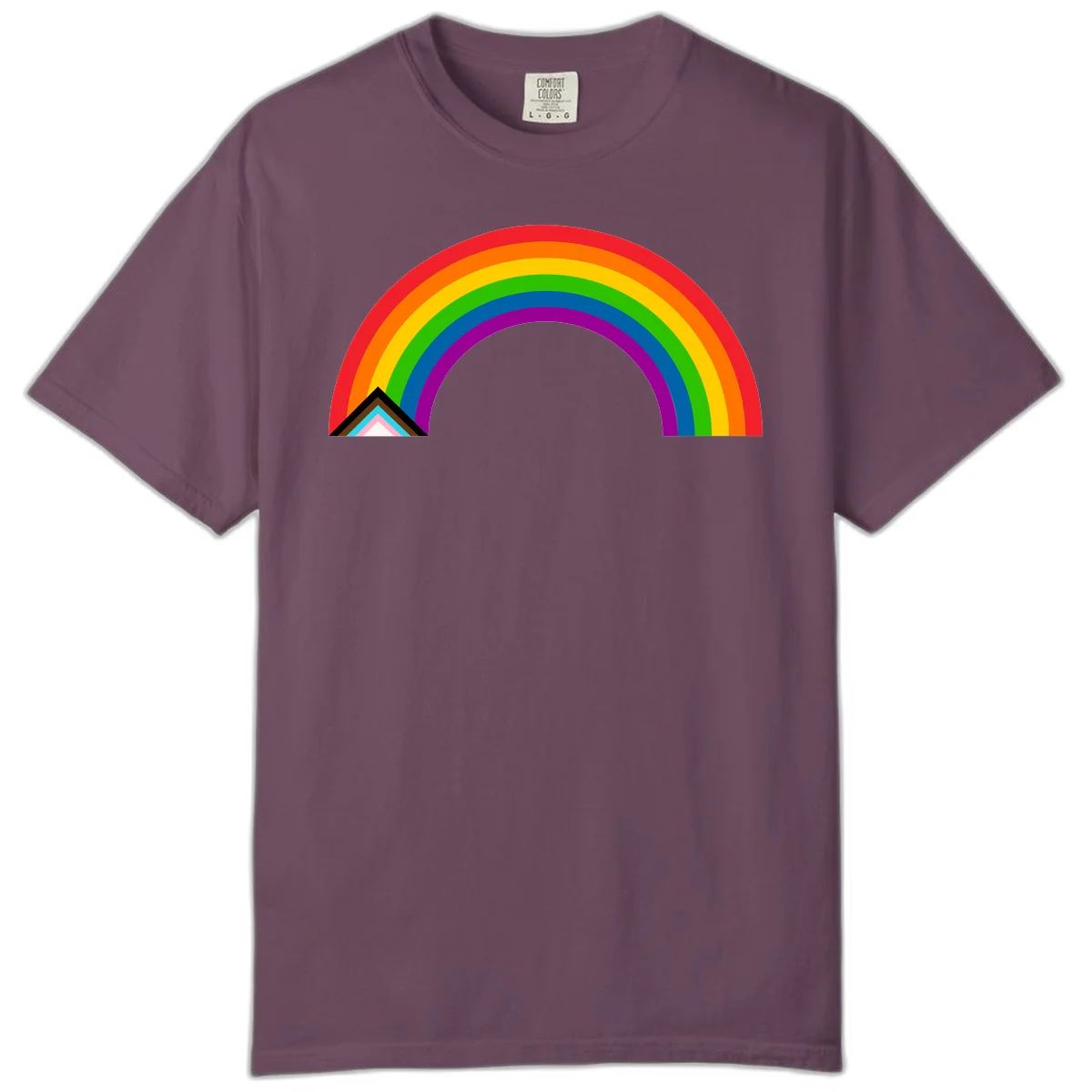 Vibrant rainbow pride arc with concentric color bands and geometric base shapes on gray background in Berry