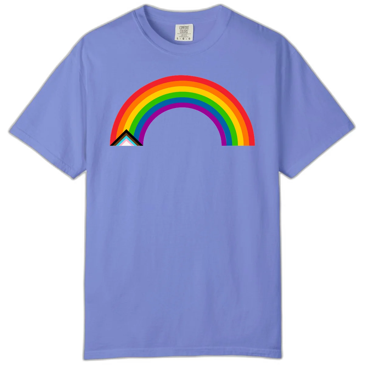 Vibrant rainbow pride arc with concentric color bands and geometric base shapes on gray background in Flo Blue