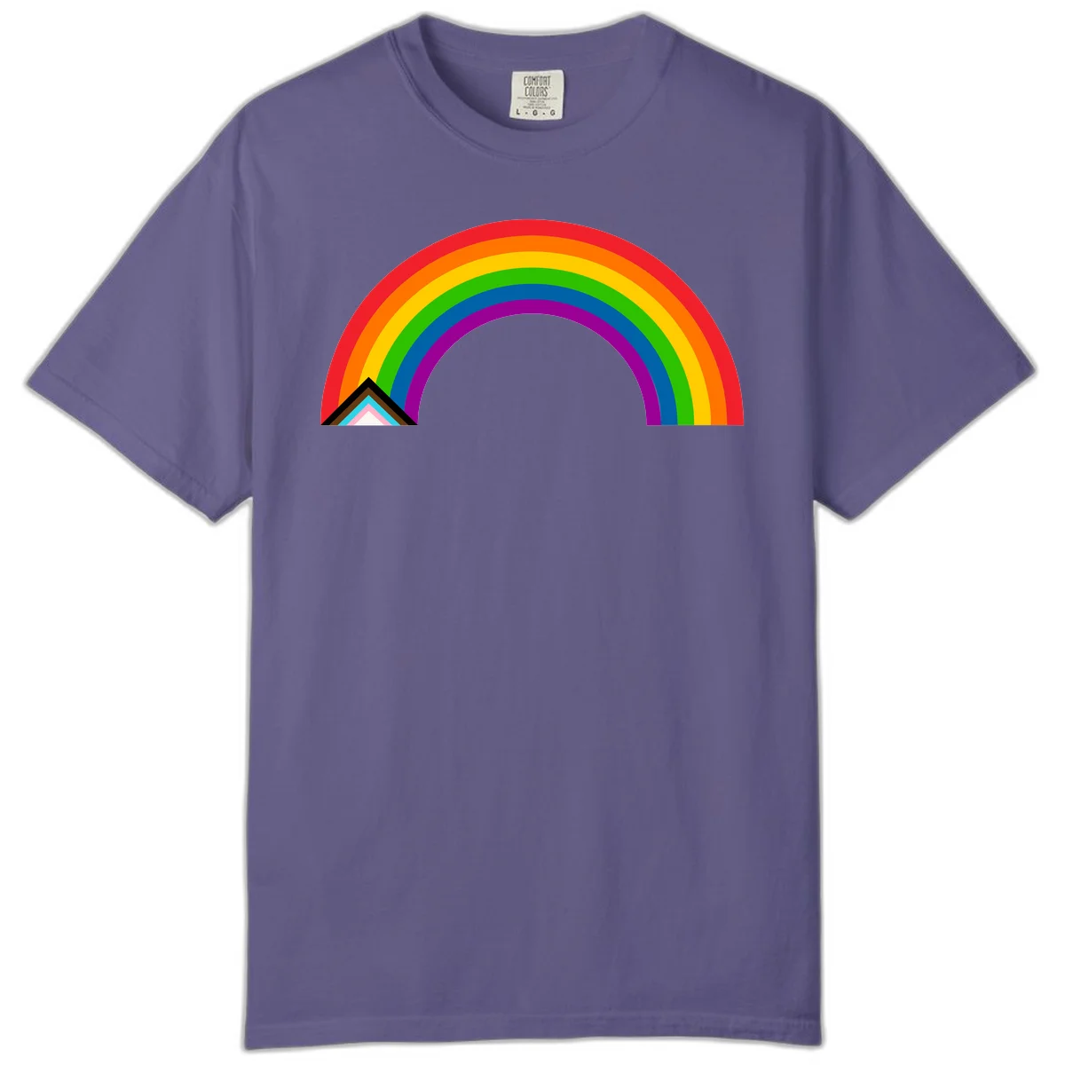 Vibrant rainbow pride arc with concentric color bands and geometric base shapes on gray background in Grape