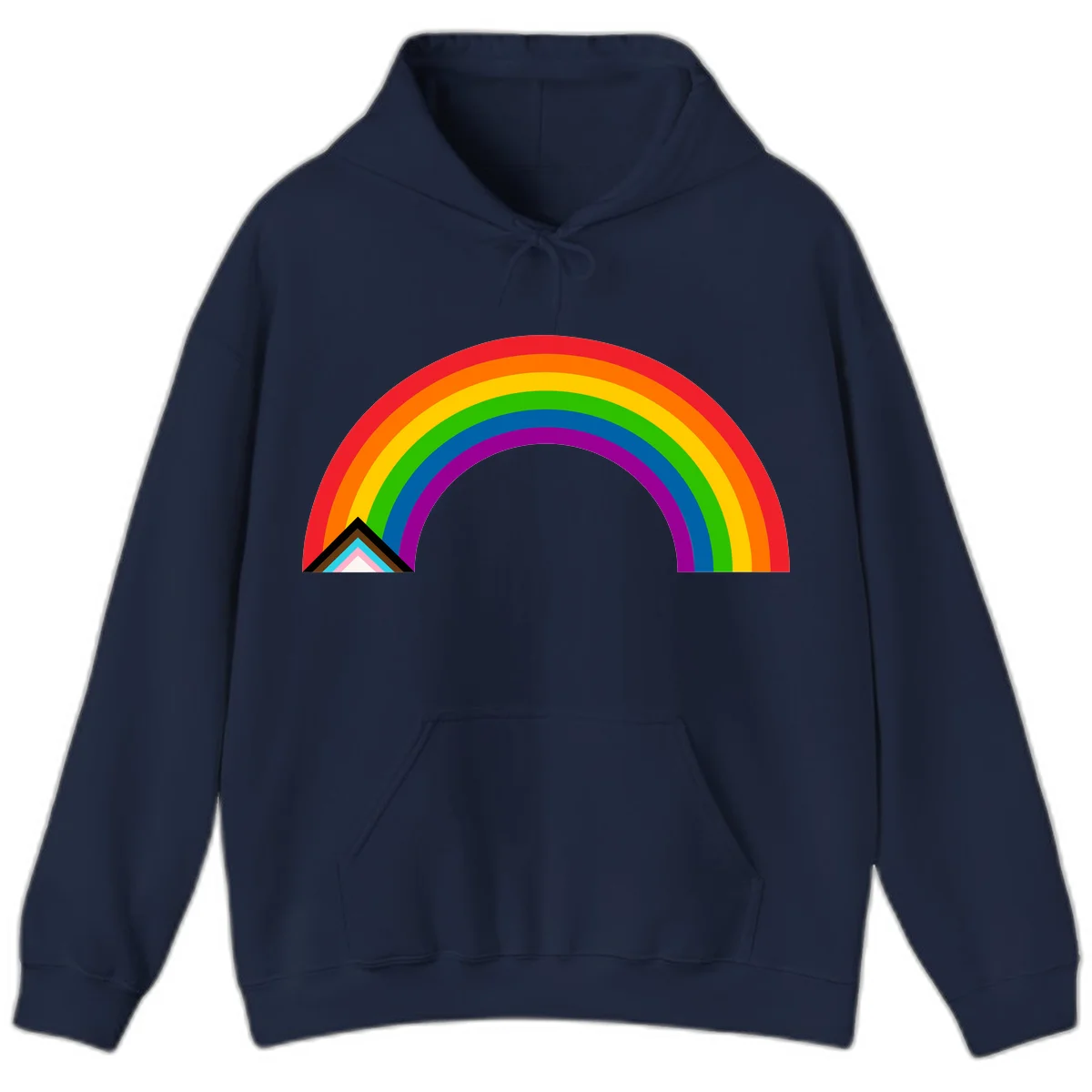 Vibrant rainbow pride arc with concentric color bands and geometric base shapes on gray background in Navy