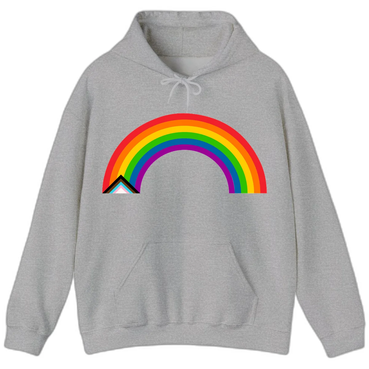 Vibrant rainbow pride arc with concentric color bands and geometric base shapes on gray background in Sport Grey