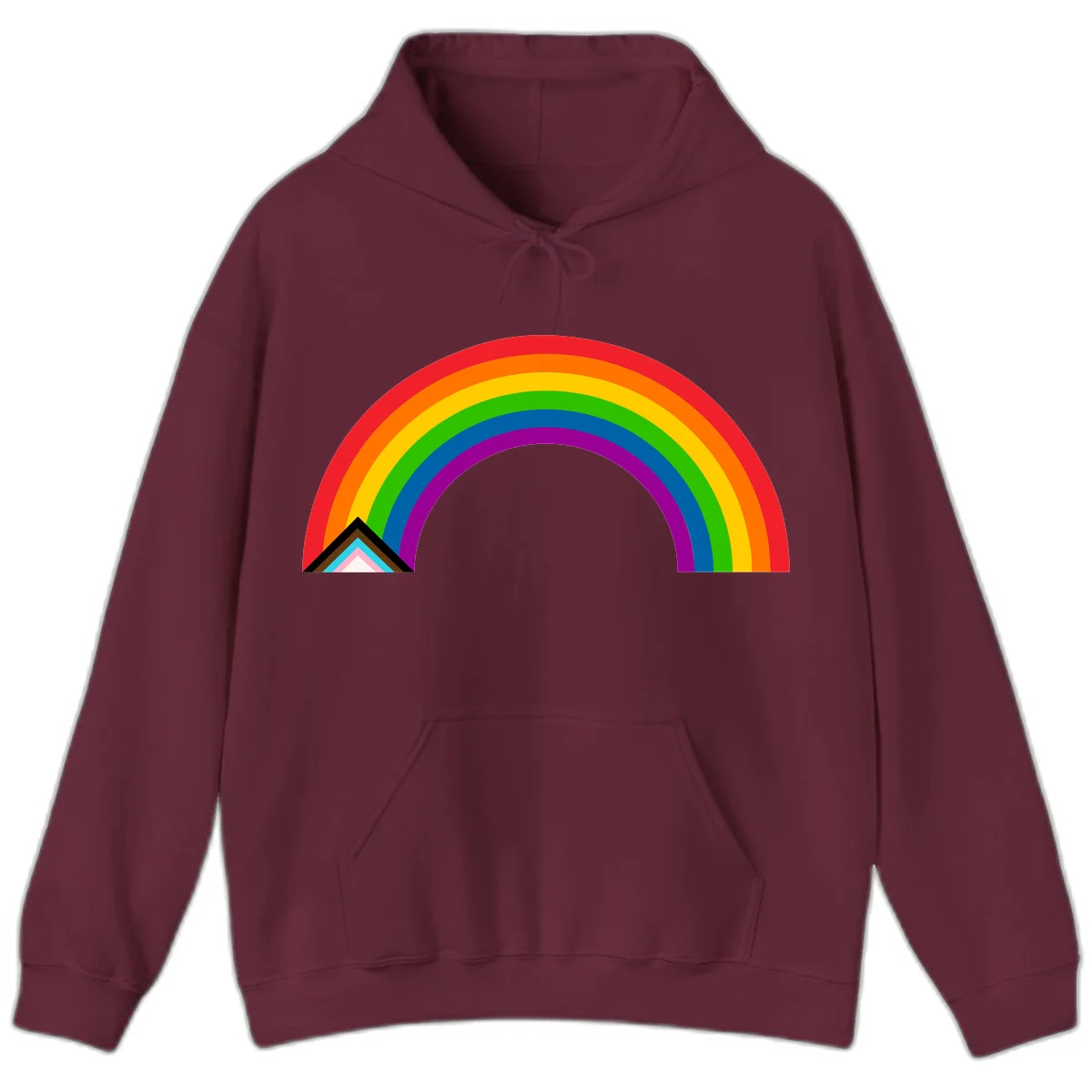 Vibrant rainbow pride arc with concentric color bands and geometric base shapes on gray background in Maroon
