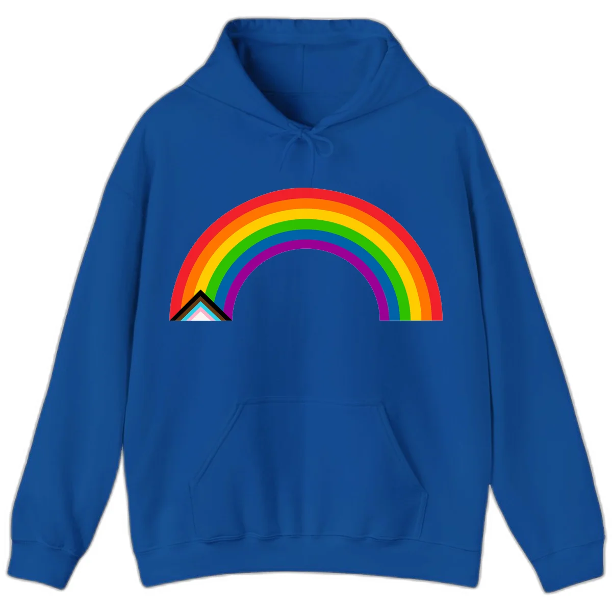 Vibrant rainbow pride arc with concentric color bands and geometric base shapes on gray background in Royal