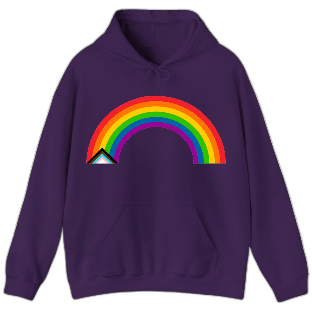Vibrant rainbow pride arc with concentric color bands and geometric base shapes on gray background in Purple