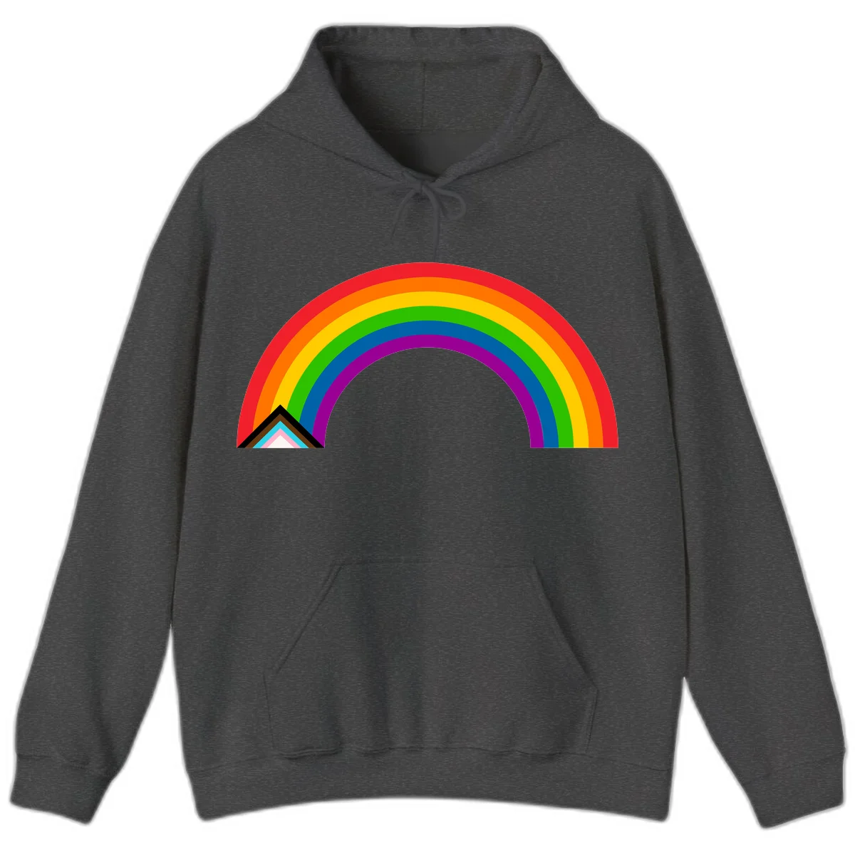 Vibrant rainbow pride arc with concentric color bands and geometric base shapes on gray background in Dark Heather